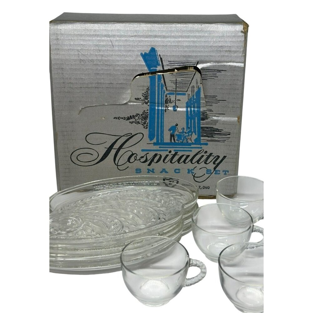 VTG 1950s Federal Glass “Hospitality” Snack Set – 4 Clear Glass Plates & 4 Cups